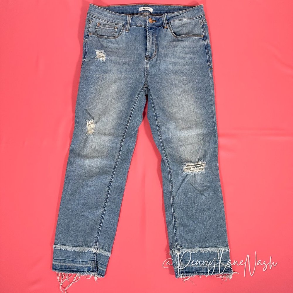 Kensie Vintage Slim Fringe Hem Cropped Jeans in Blue - Picture 2 of 9